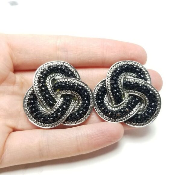 Vintage Black and Silver Tone Knot Design Clip On Earrings,  Retro Estate - Picture 2 of 6